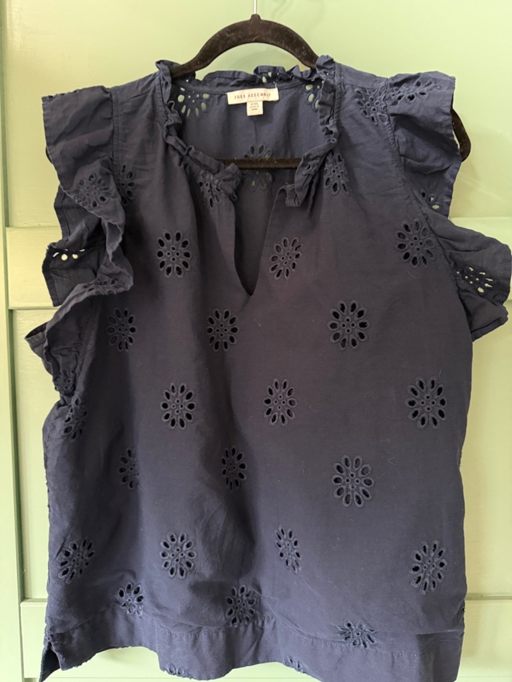 Sleeveless Navy Eyelet Ruffle Blouse by Free Assembly